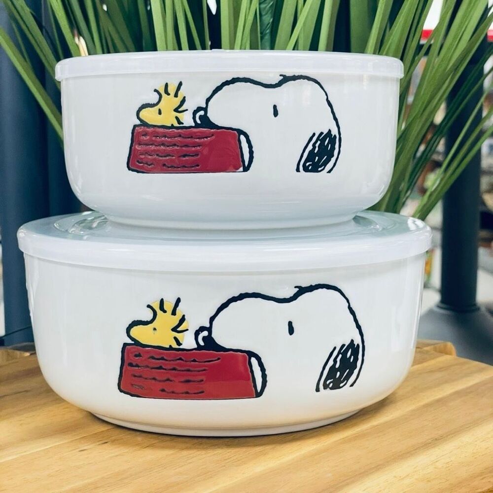 NWT Peanuts Snoopy Woodstock White Red Ceramic 2 Pc Food containers w/ Lids Set - Picture 14 of 16
